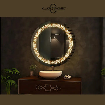 A luxury custom LED mirror in a combined circular and arc shape with warm white glow, crafted with a 40mm aluminium frame.