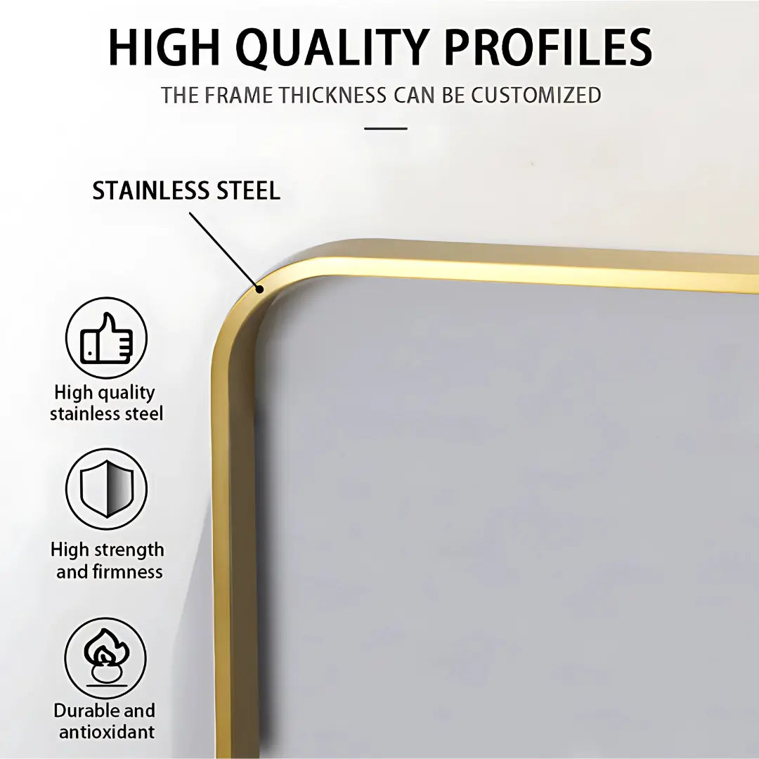 Side profile of HaloWave framed LED mirror showing curved edges and soft ambient lighting.