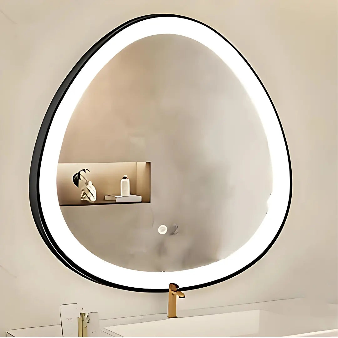 Side profile of HaloWave framed LED mirror showing curved edges and soft ambient lighting.