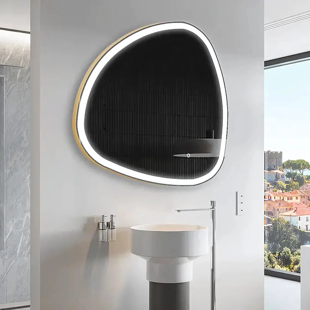 Samosa-Shaped LED Mirror with Aluminum Frame—Unique Triangle Wall Mirror for Vanity, Dressing Area & Luxury Home Decor