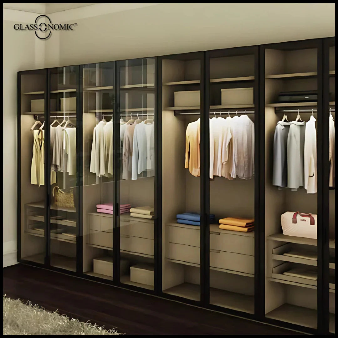 Sleek aluminium cabinet storing shoes, clothes, and accessories