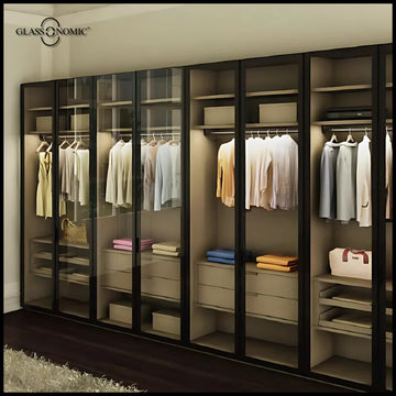 Sleek aluminium cabinet storing shoes, clothes, and accessories