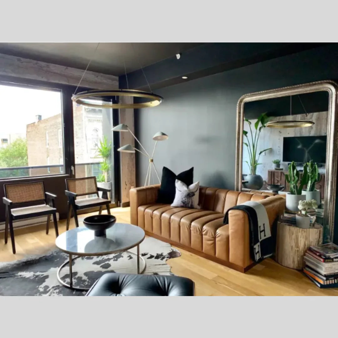 Ek classy mirror setup (living room) with overlay text: “Custom & LED Mirrors – Glassonomic