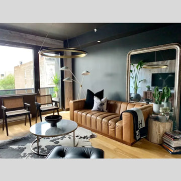 Ek classy mirror setup (living room) with overlay text: “Custom & LED Mirrors – Glassonomic