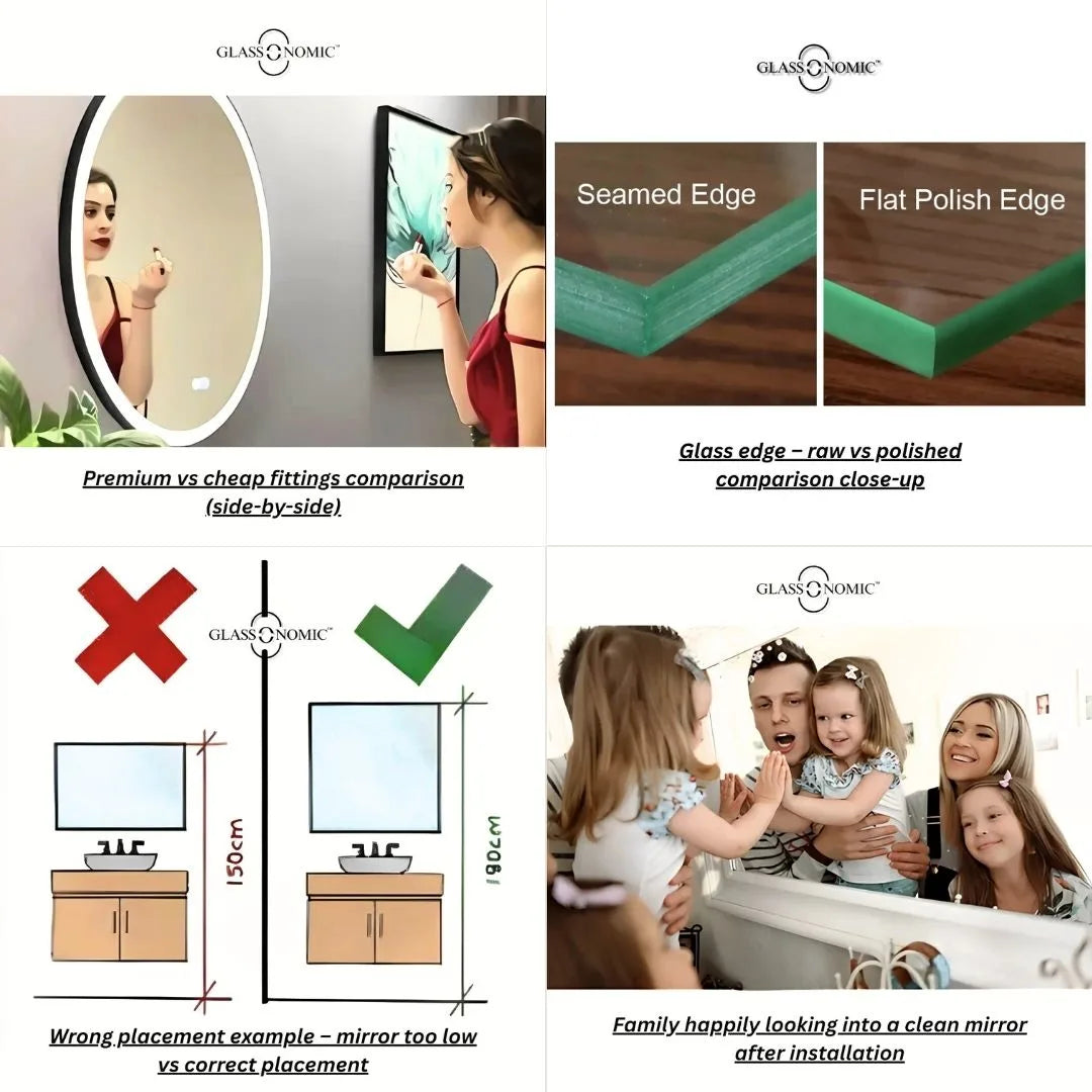 Collage showing 5 common glass installation mistakes with Glassonomic solutions