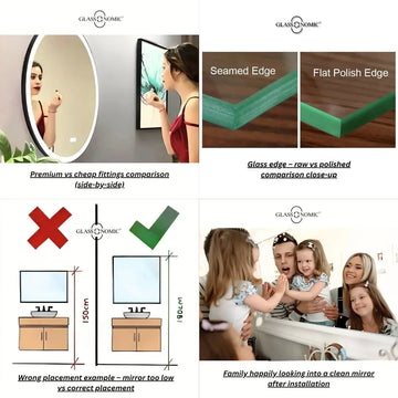 Collage showing 5 common glass installation mistakes with Glassonomic solutions
