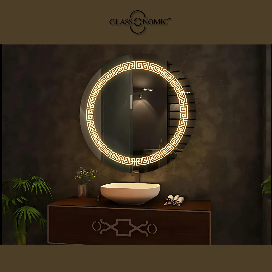 A luxury custom LED mirror in a combined circular and arc shape with warm white glow, crafted with a 40mm aluminium frame.