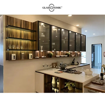 Stylish modern kitchen with premium aluminium profiles and custom glass shutters by Glassonomic