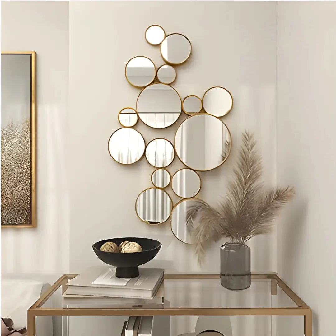 Round aluminium framed statement wall mirror in modern living room