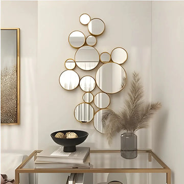 Round aluminium framed statement wall mirror in modern living room