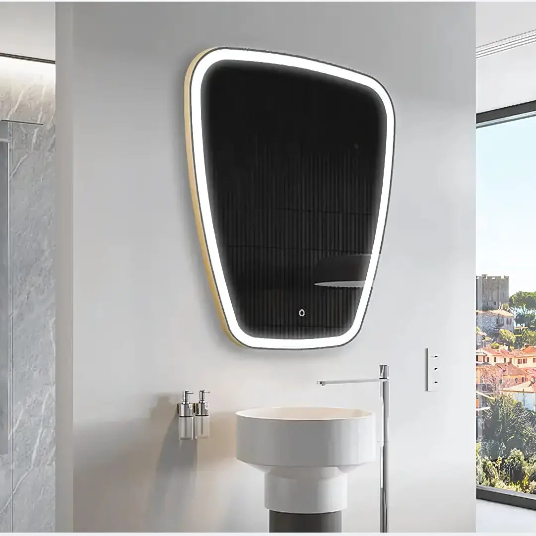 Framed custom shape LED mirrors with front lighting by Glassonomic – luxury mirror collection for modern vanity, bedrooms, and interiors.