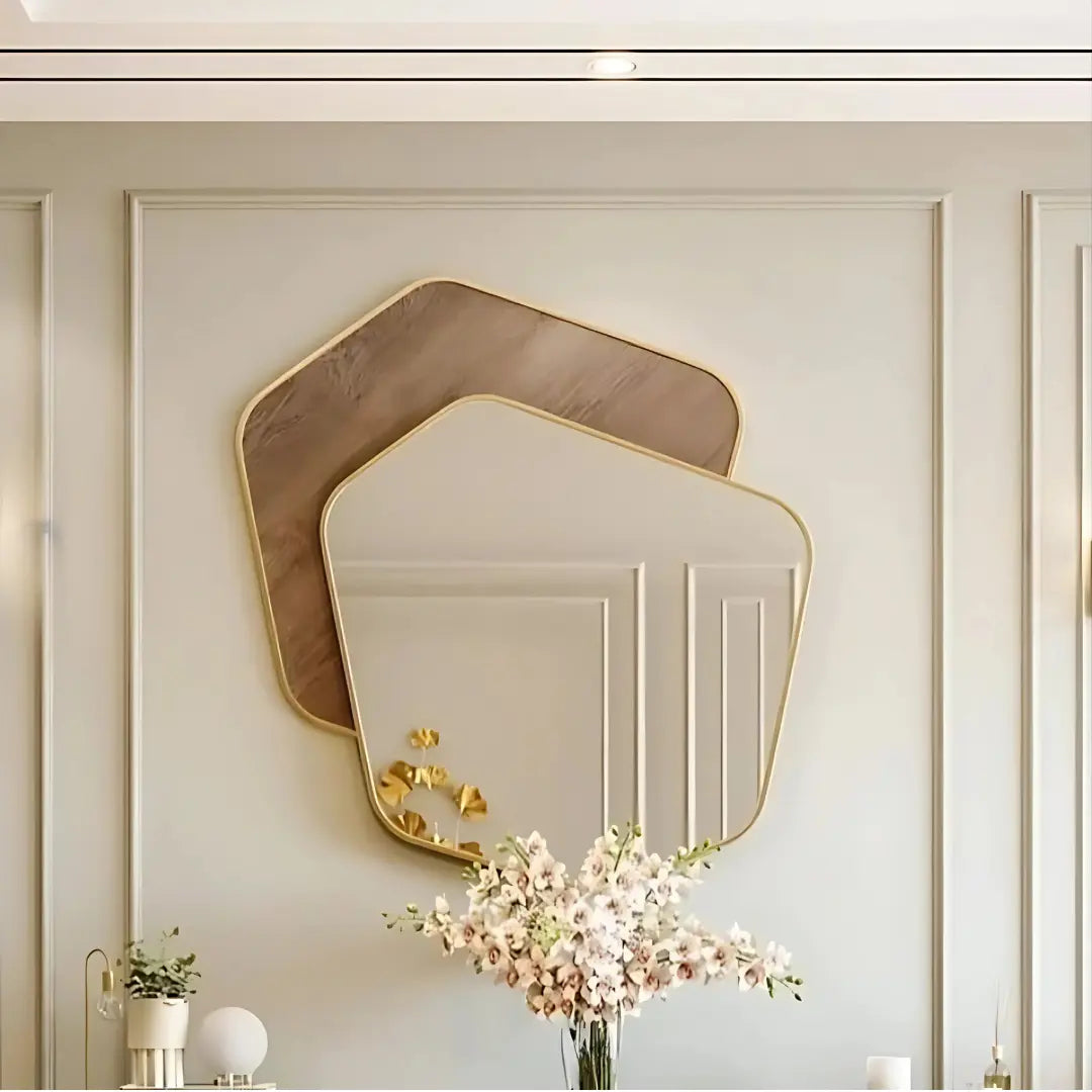 Aurora Curve artistic mirror with irregular custom shape and sleek aluminium frame by Glassonomic – perfect for modern luxury interiors.