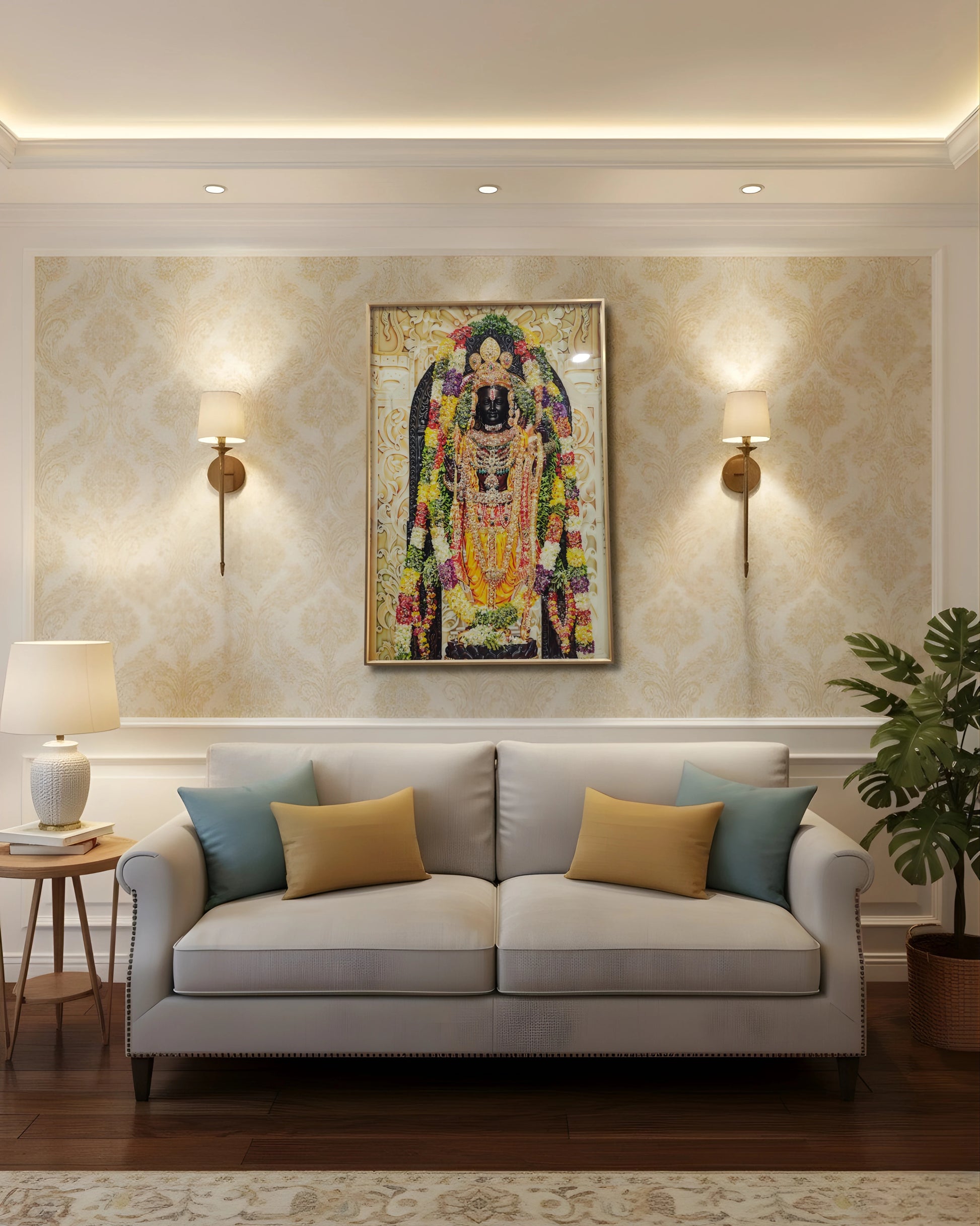 Living room with a gray sofa, colorful painting, and wall lights.