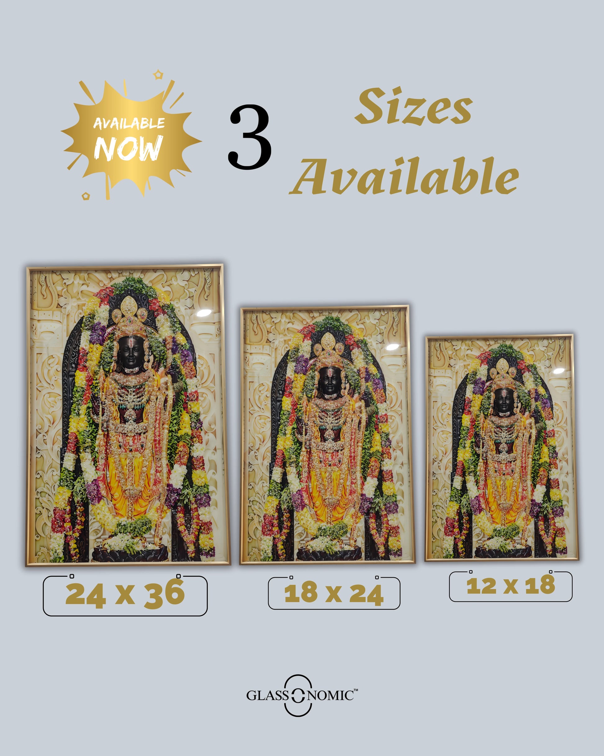 Three framed images of a deity with size options and 'Glassonomic' branding on a light gray background.