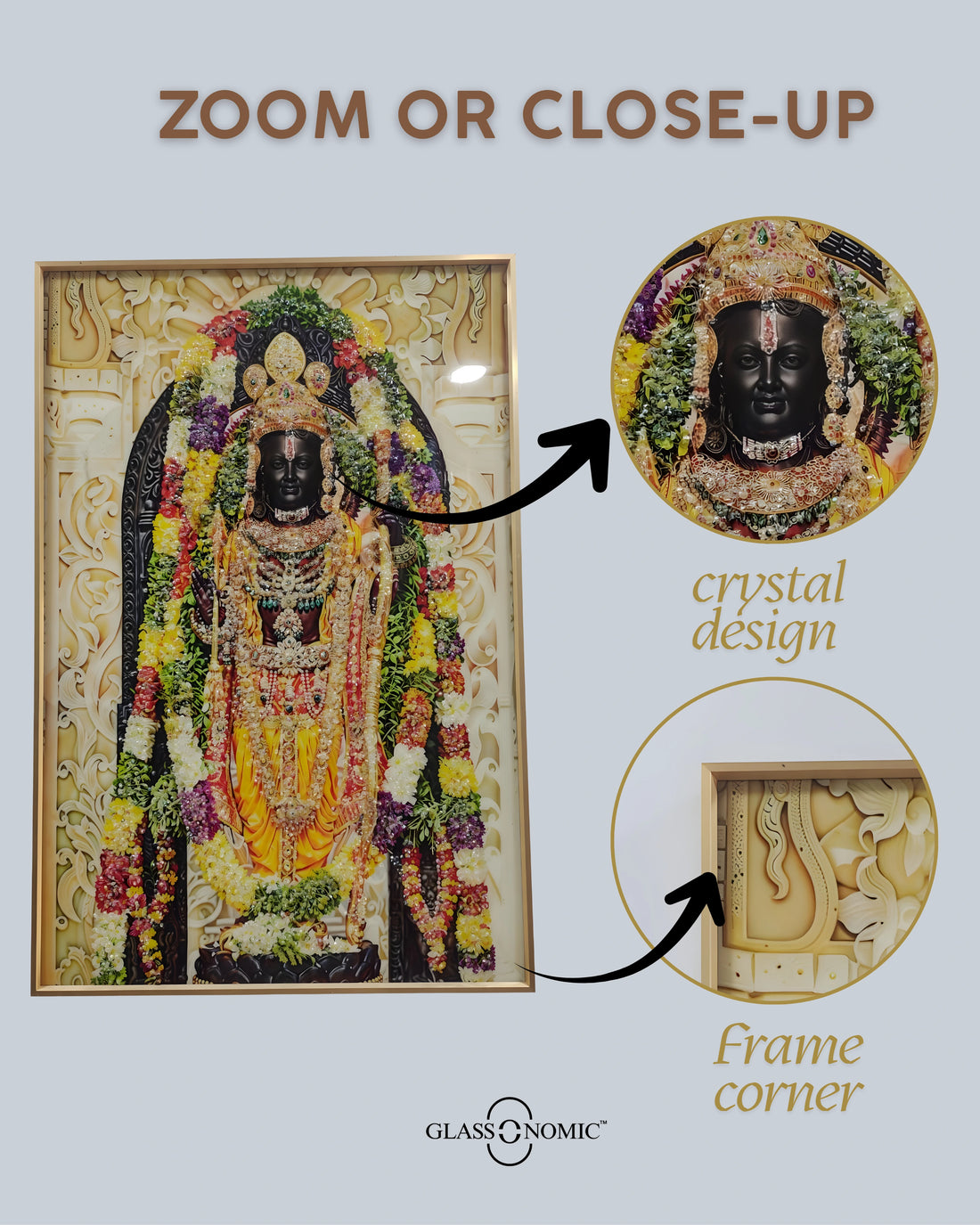 Woman praying in front of an ornate wooden deity shrine with floral decorations.