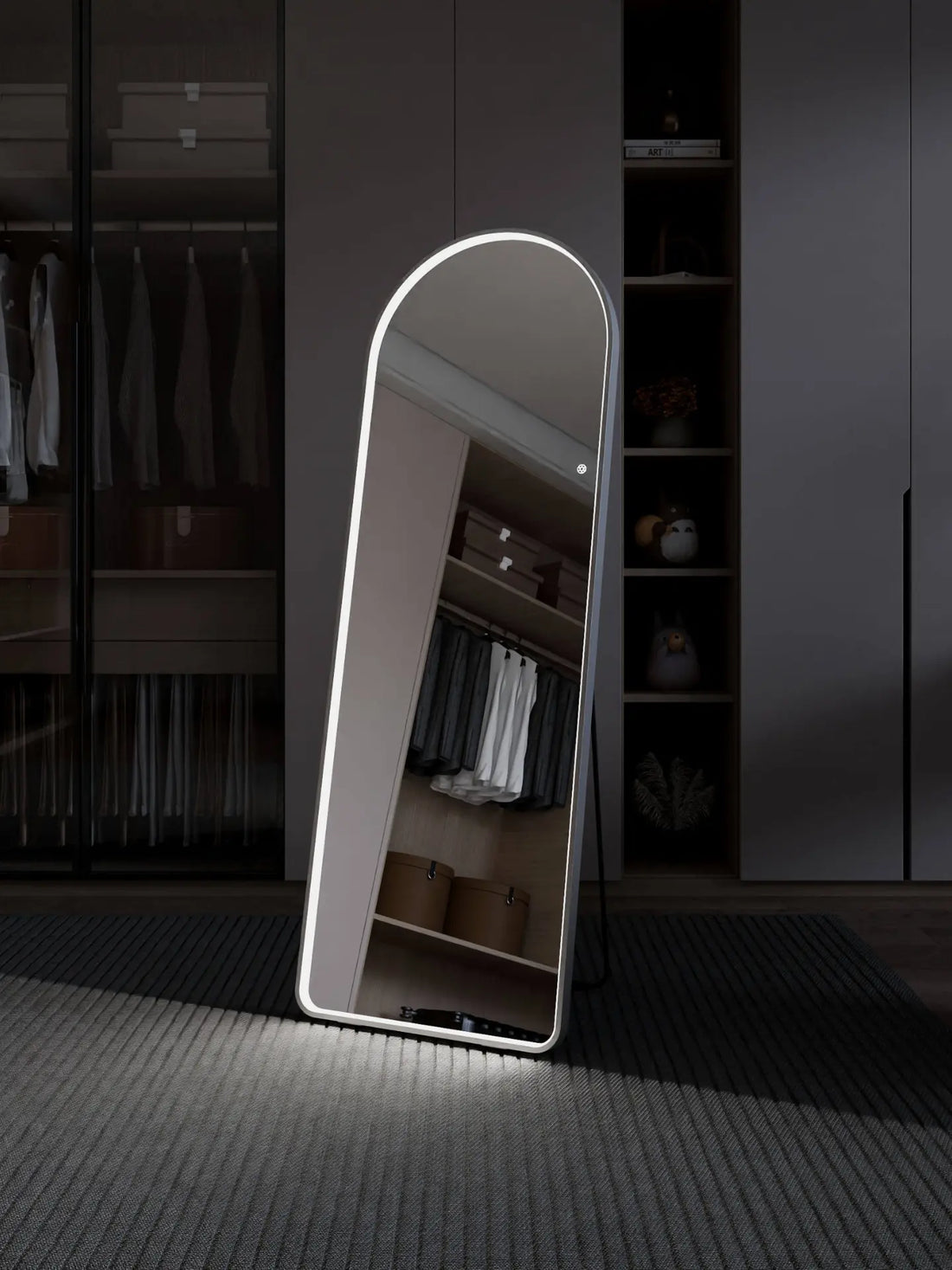 Front view of Half Circle PVC LED Mirror with glowing lighting frame – modern wall mirror by Glassonomic