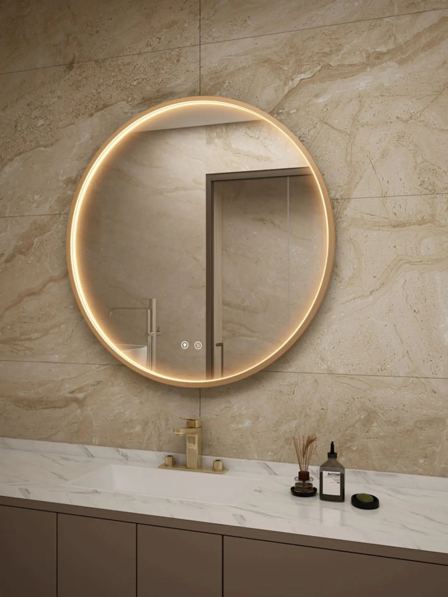 Round illuminated mirror in a bathroom with marble walls and a countertop.