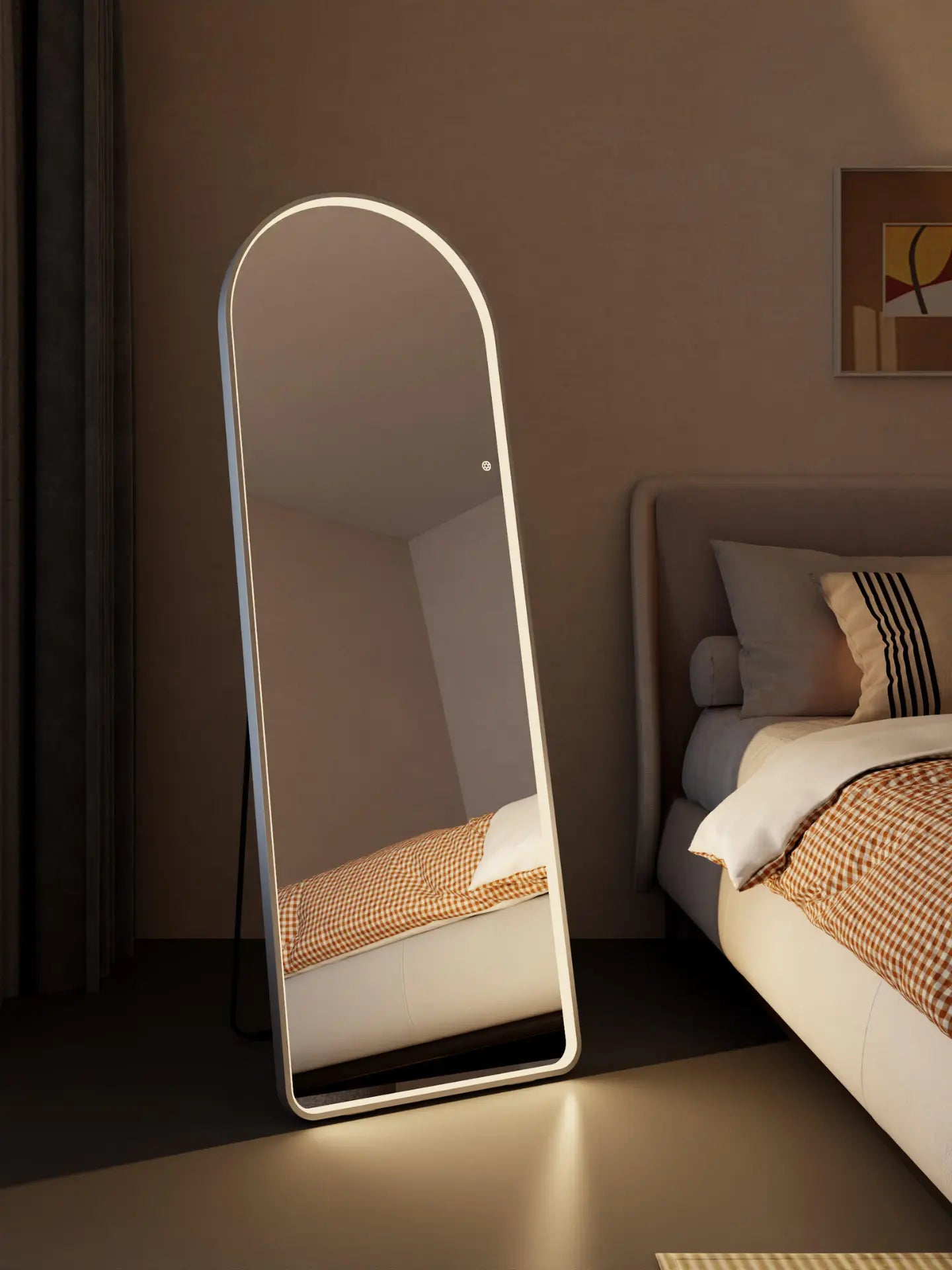 Front view of Half Circle PVC LED Mirror with glowing lighting frame – modern wall mirror by Glassonomic