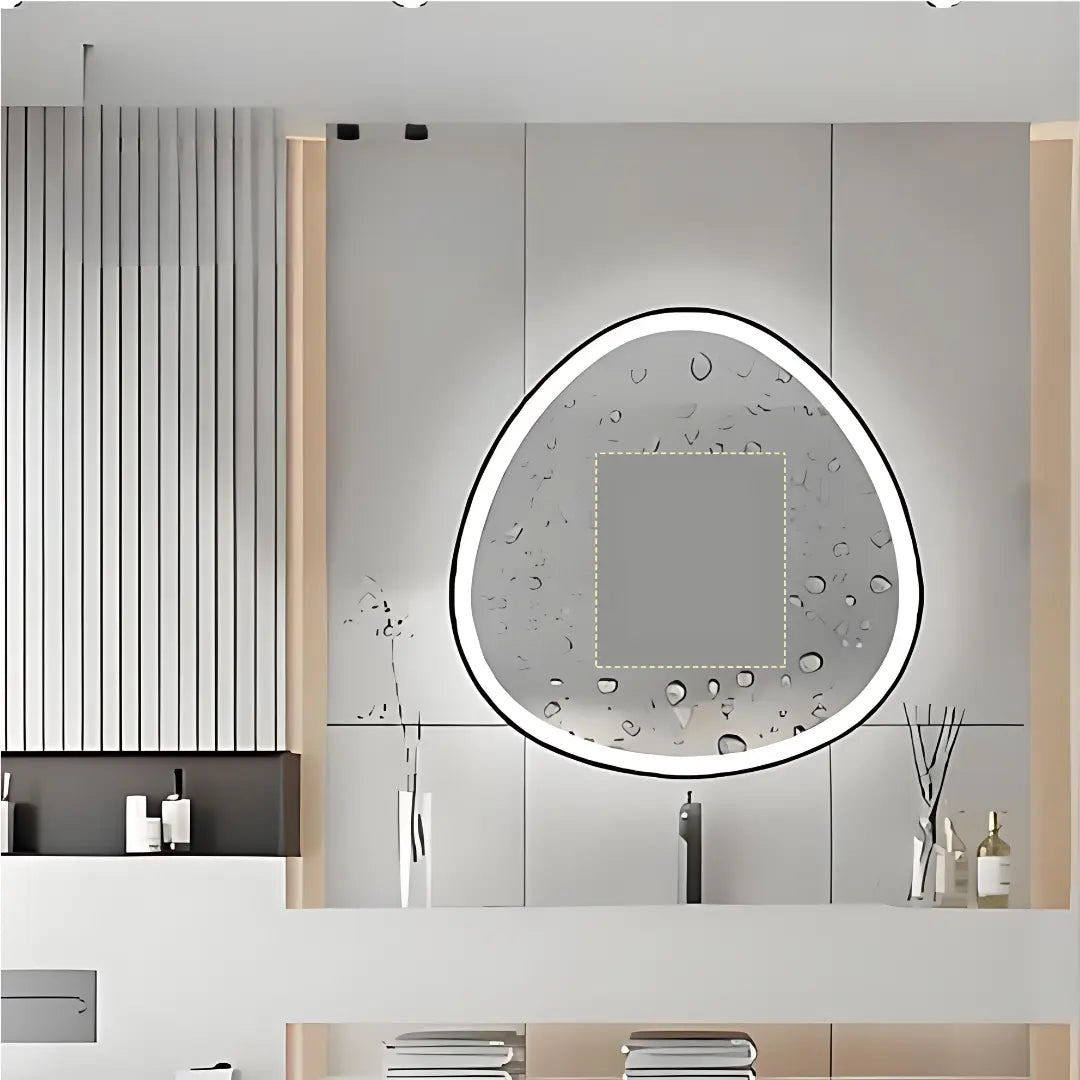 The HaloWave LED mirror glowing in a dim room, highlighting its ambient lighting and clean design.