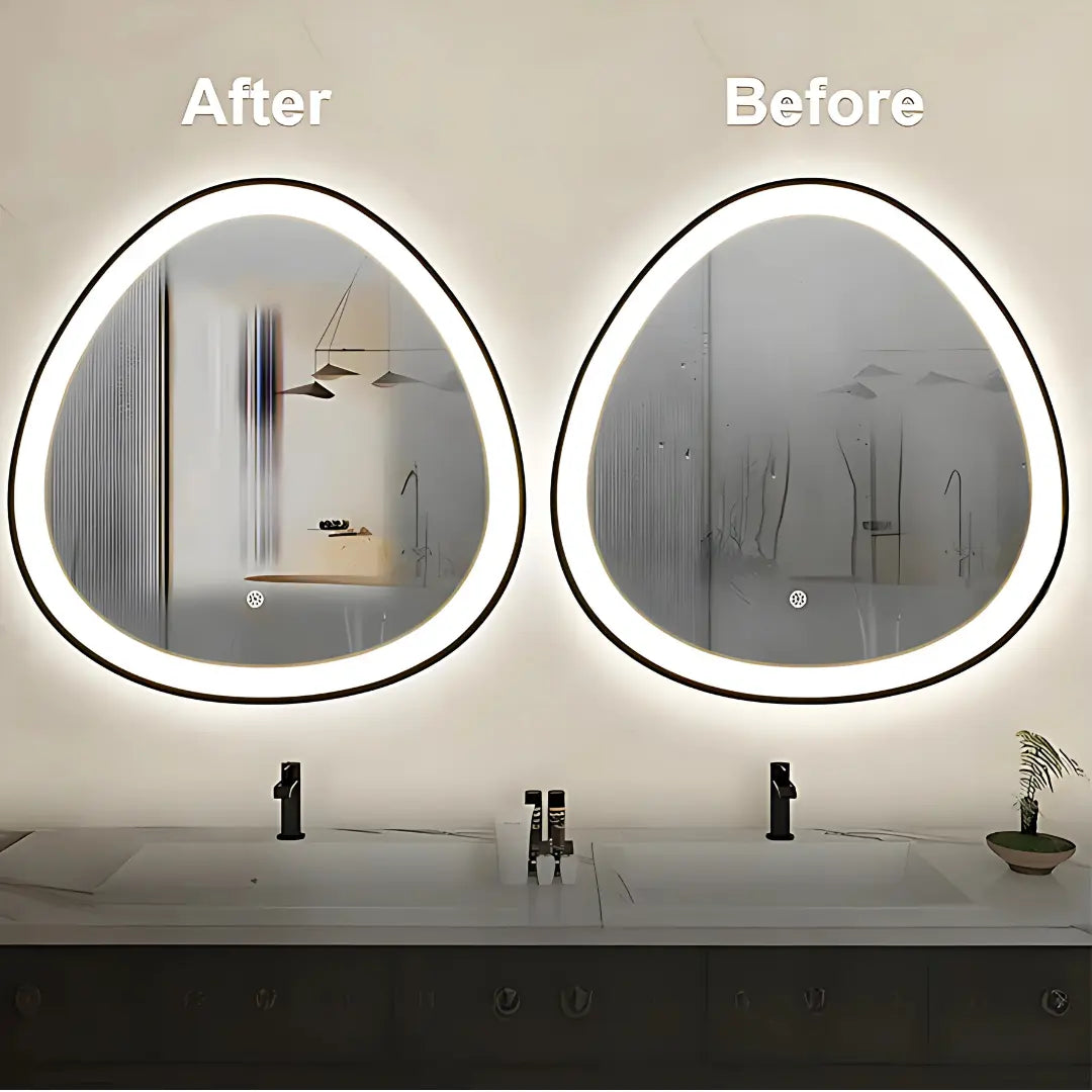 Modern home decor featuring the HaloWave LED mirror as a statement luxury wall piece.

