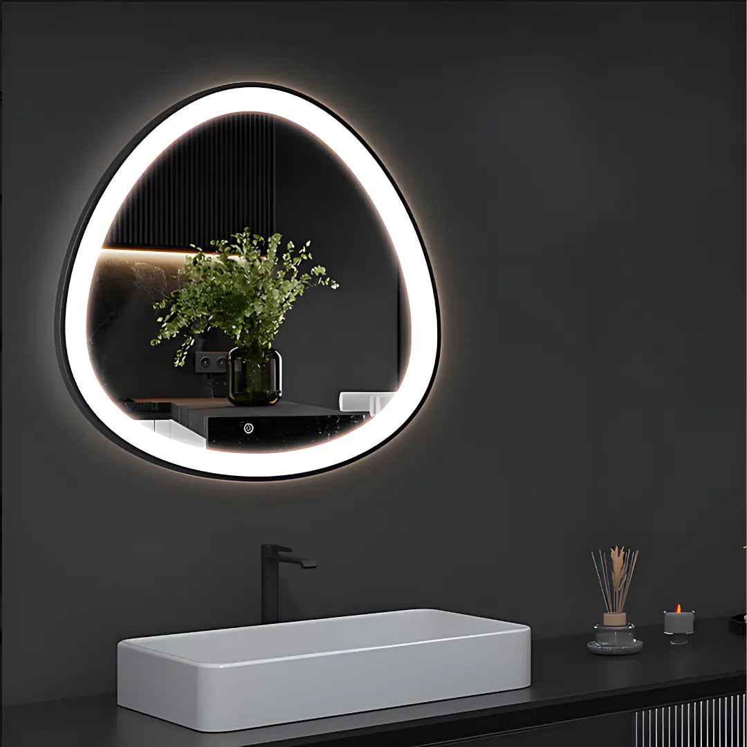 A stylish HaloWave LED mirror with front glow and sleek black frame – perfect for modern interiors.