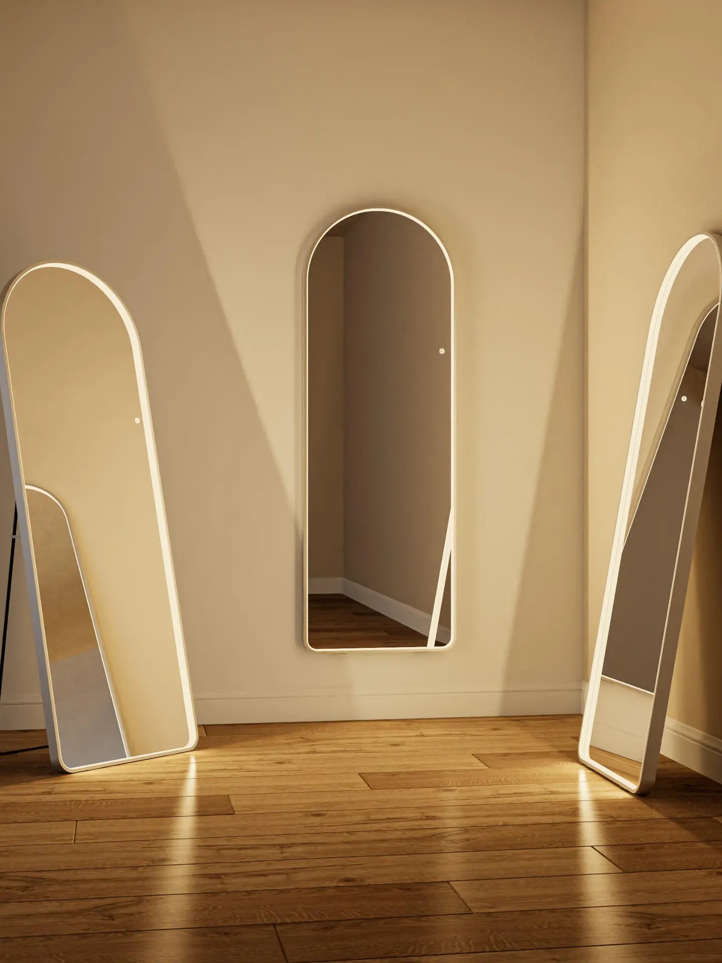 Close-up of Half Circle PVC LED Mirror frame showing premium PVC texture and smooth lighting edges