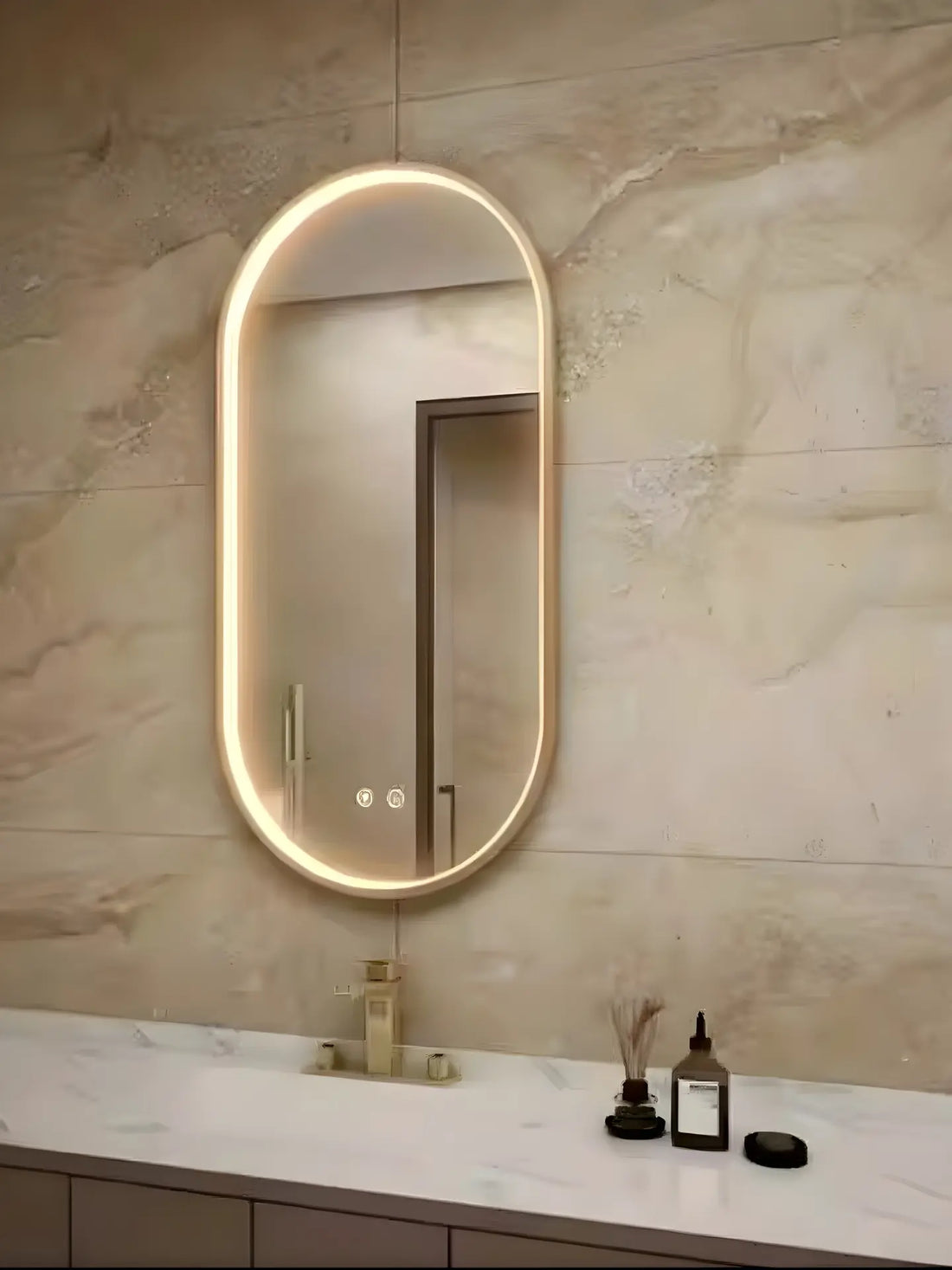 Bathroom vanity with oval mirror, sink, and minimal decor.