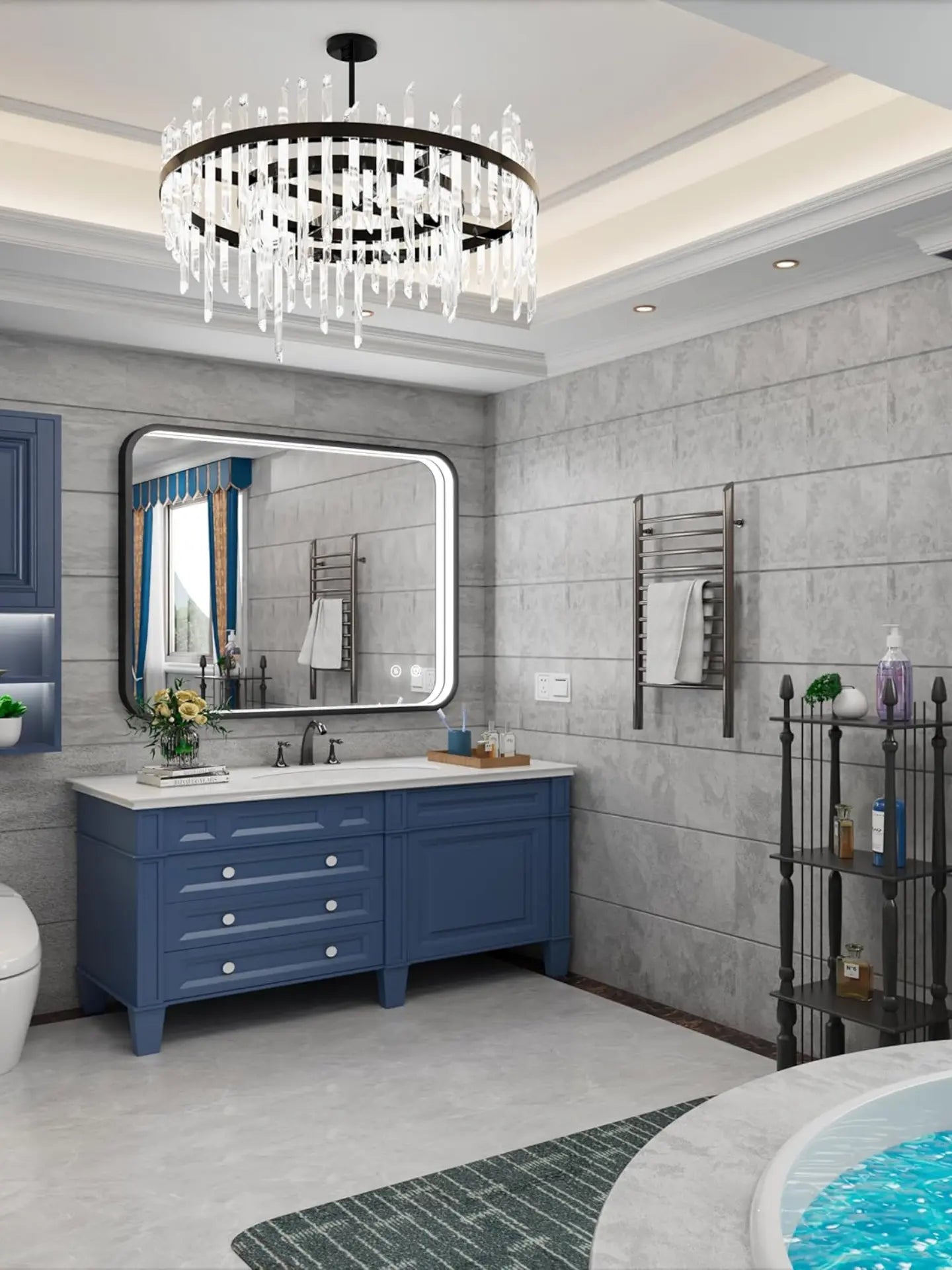 Modern bathroom with blue vanity, mirror, and decorative elements.