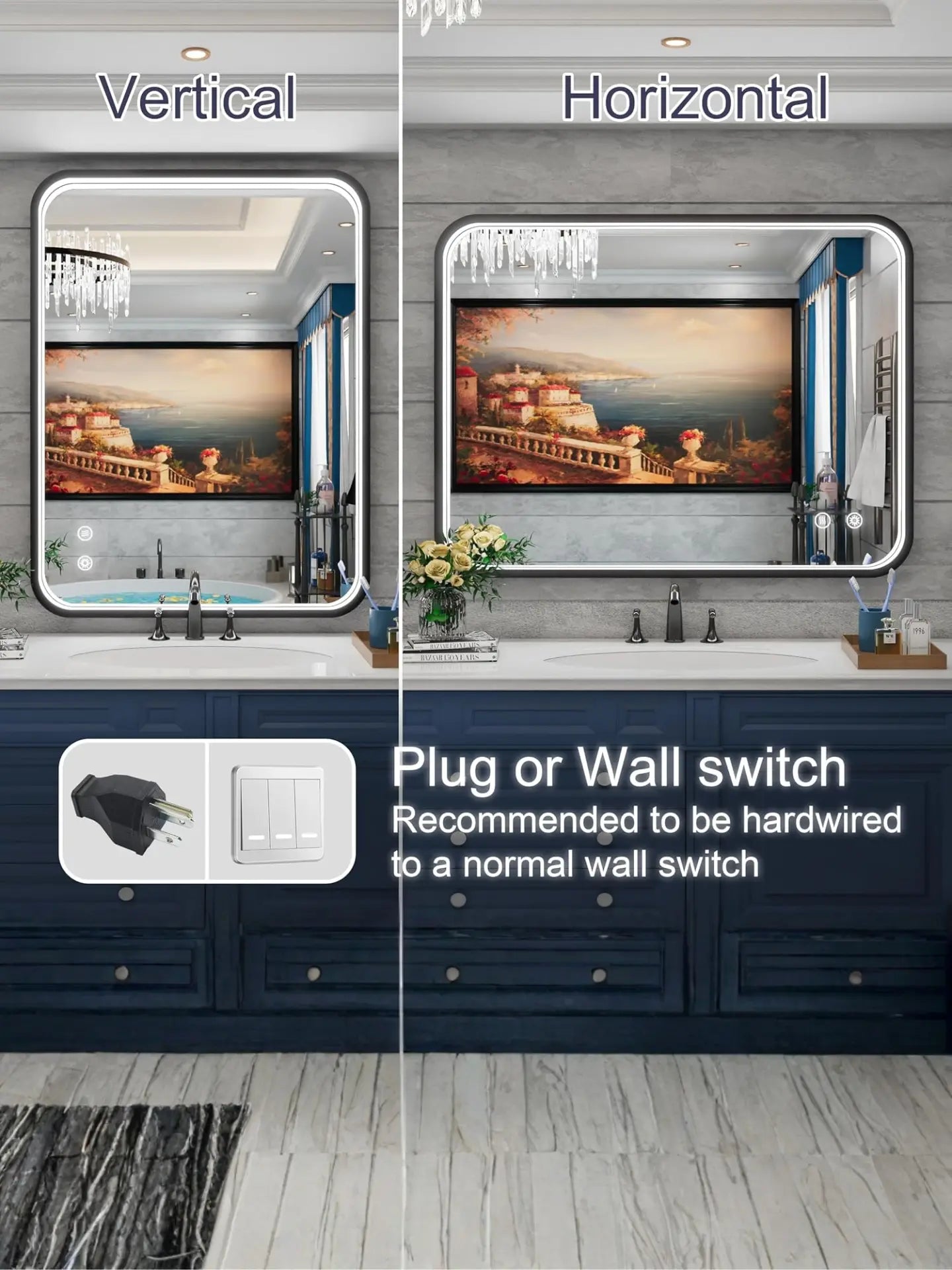 Bathroom vanity with mirror showing vertical and horizontal orientations, plug switch illustration.