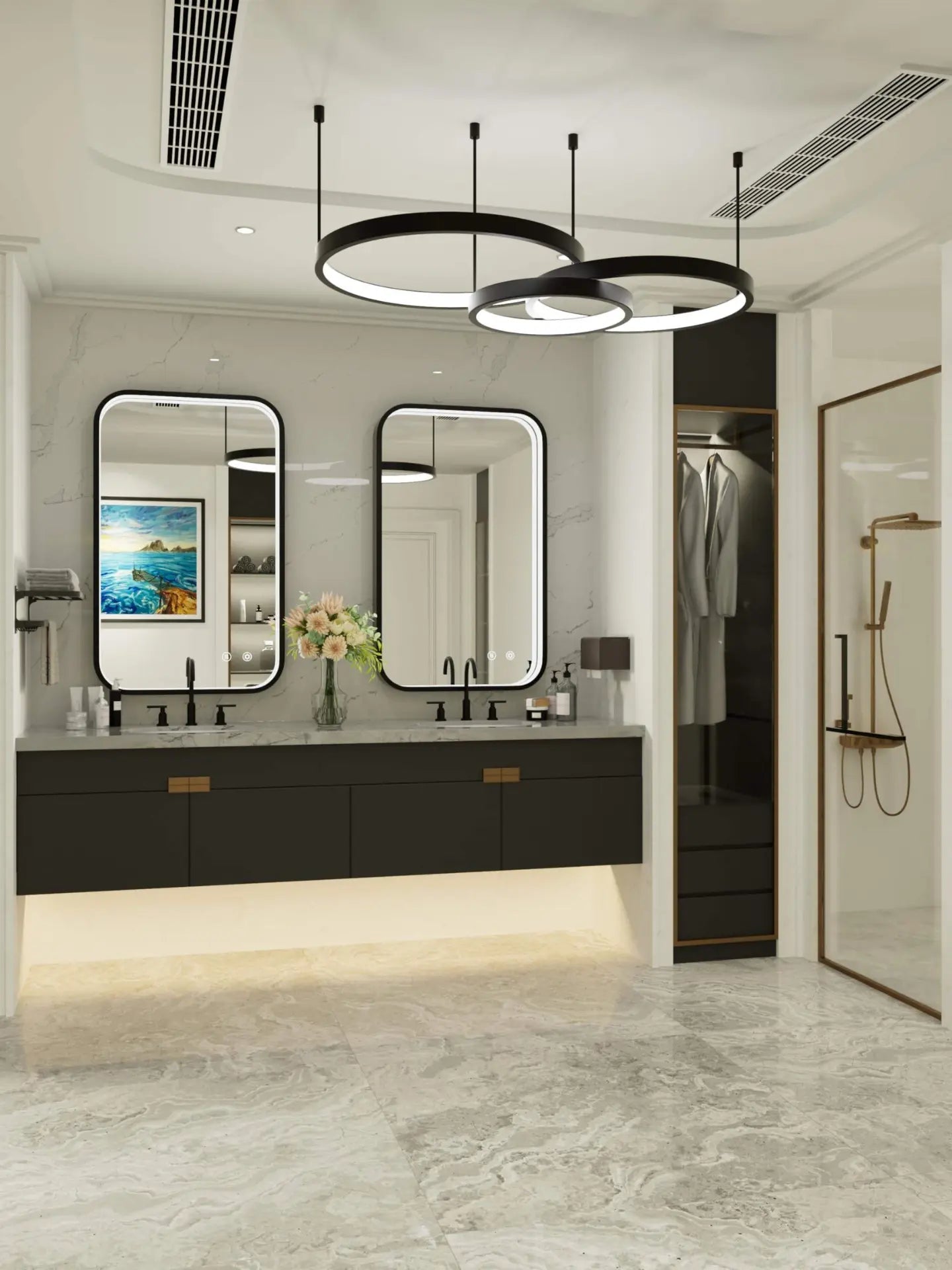 Modern bathroom with double vanity, mirrors, and a shower area.