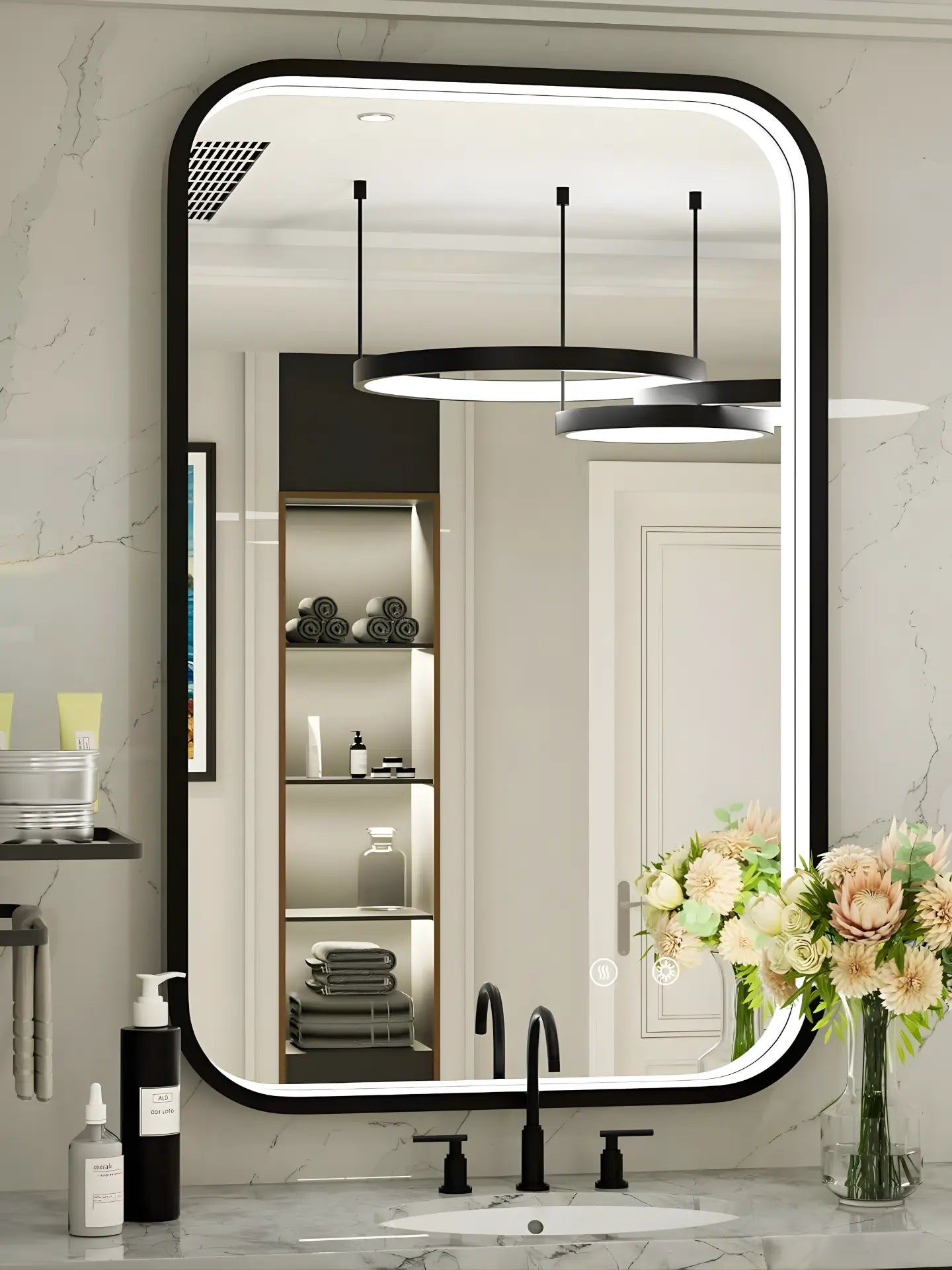 Bathroom with a large rectangular mirror, sink, and decorative elements.