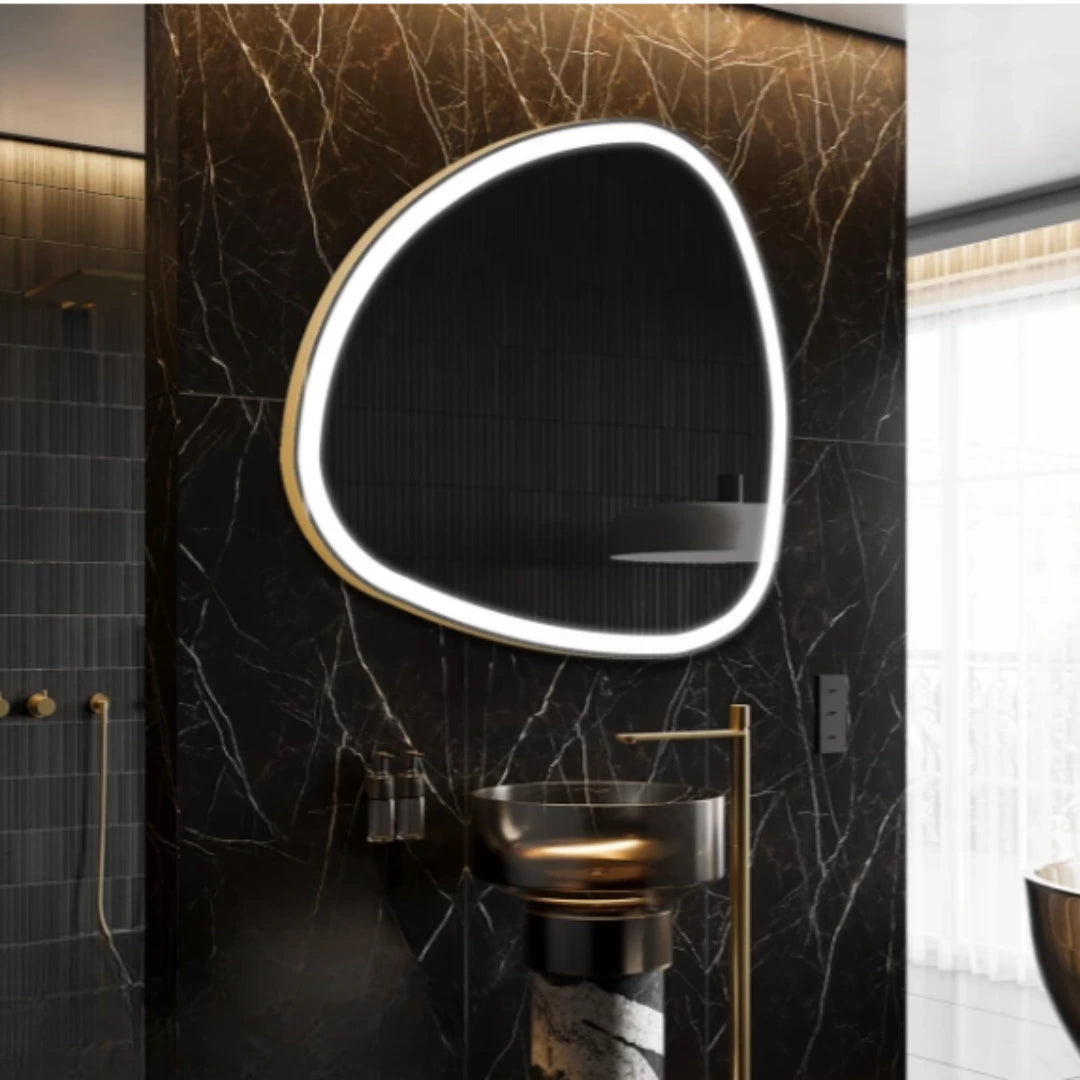 Samosa-Shaped LED Mirror with Aluminum Frame—Unique Triangle Wall Mirror for Vanity, Dressing Area & Luxury Home Decor

